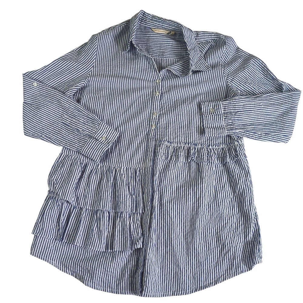 Soft Surroundings Striped Tunic Top Womens L Blue White Ruffle Cotton Shirt